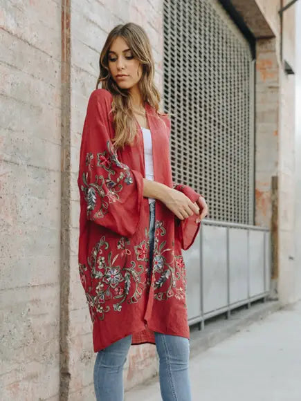 Floral Embroidered Kimono - Rust
