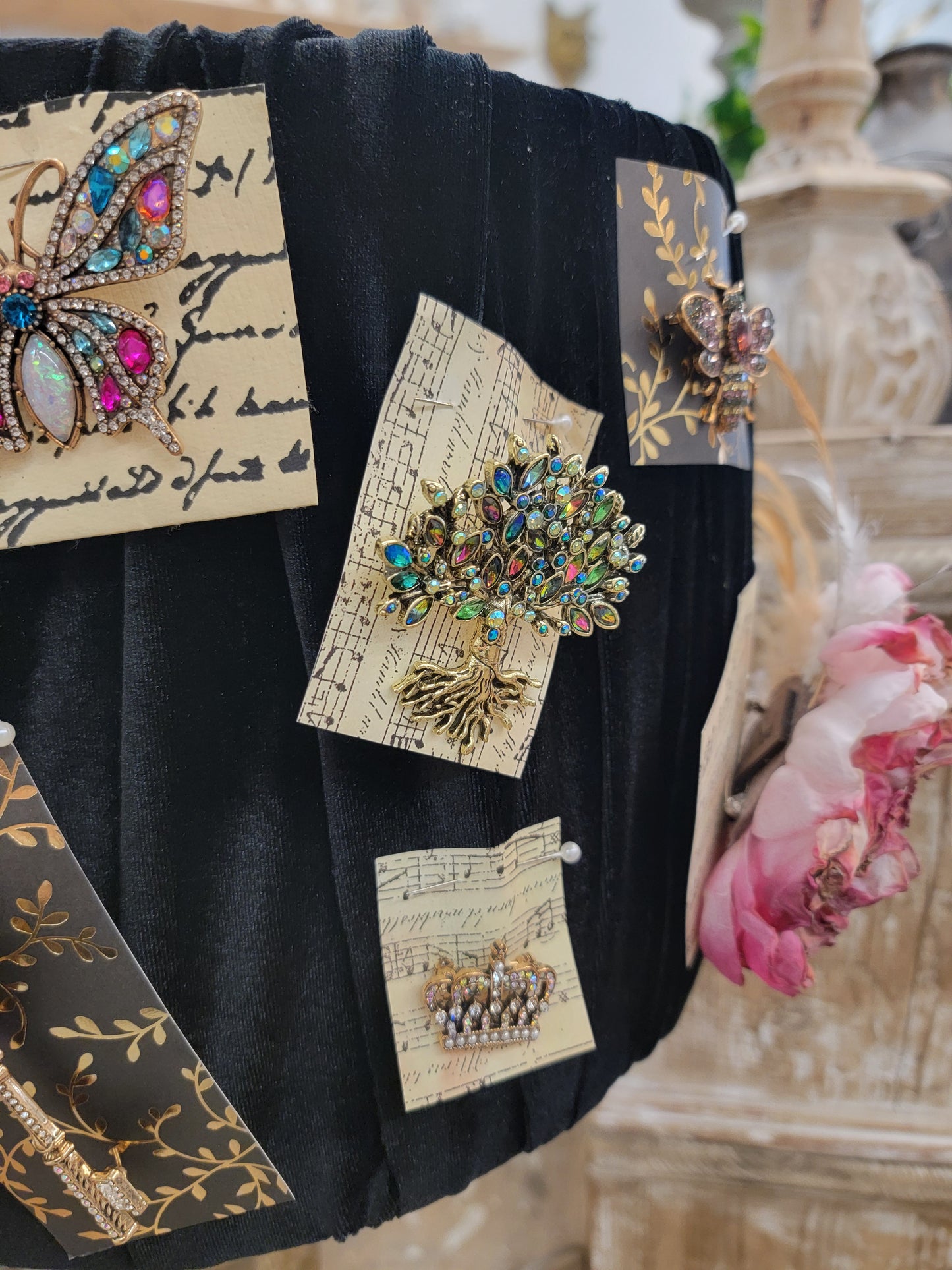 Fabric Hand-cut Floral & Feather Brooch - Distressed Fuschia