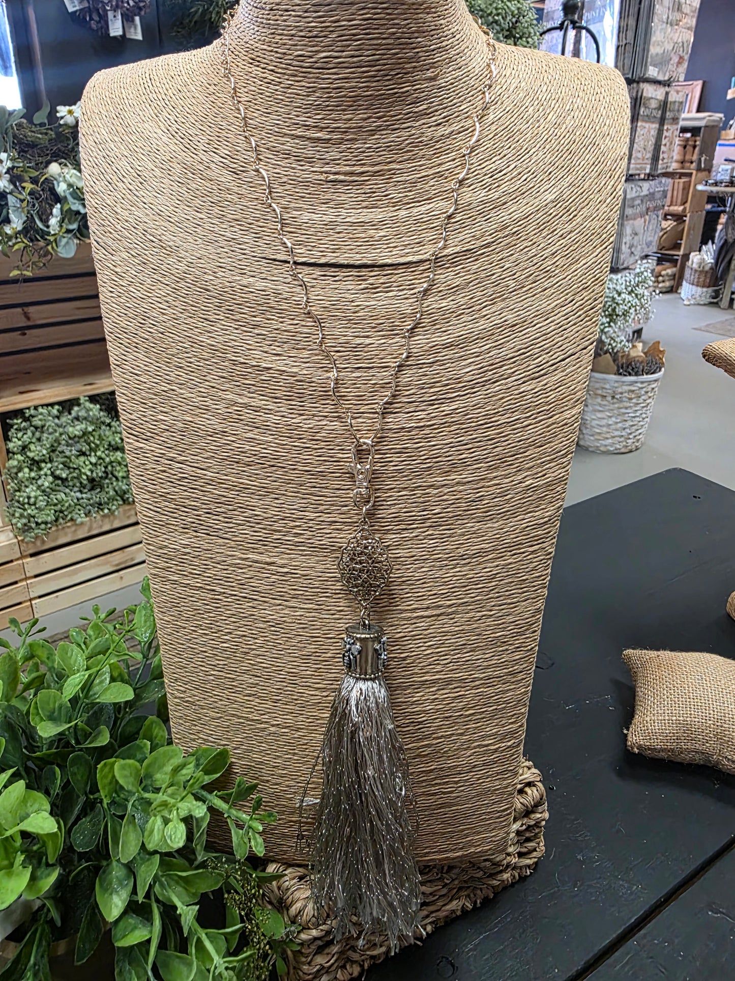 Pewter Bee Silver Tassel Necklace