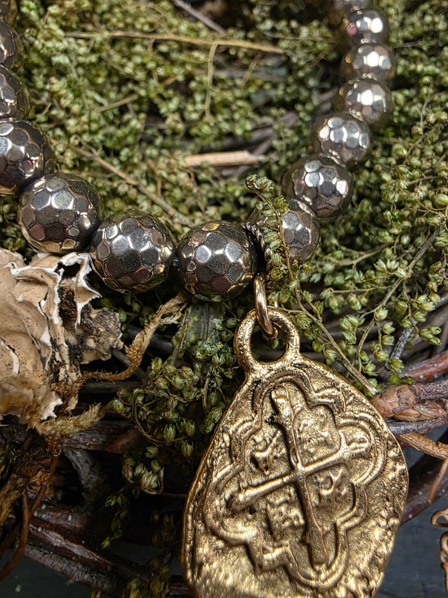 Pyrite Bracelet with Embossed Cross 1in Pendant