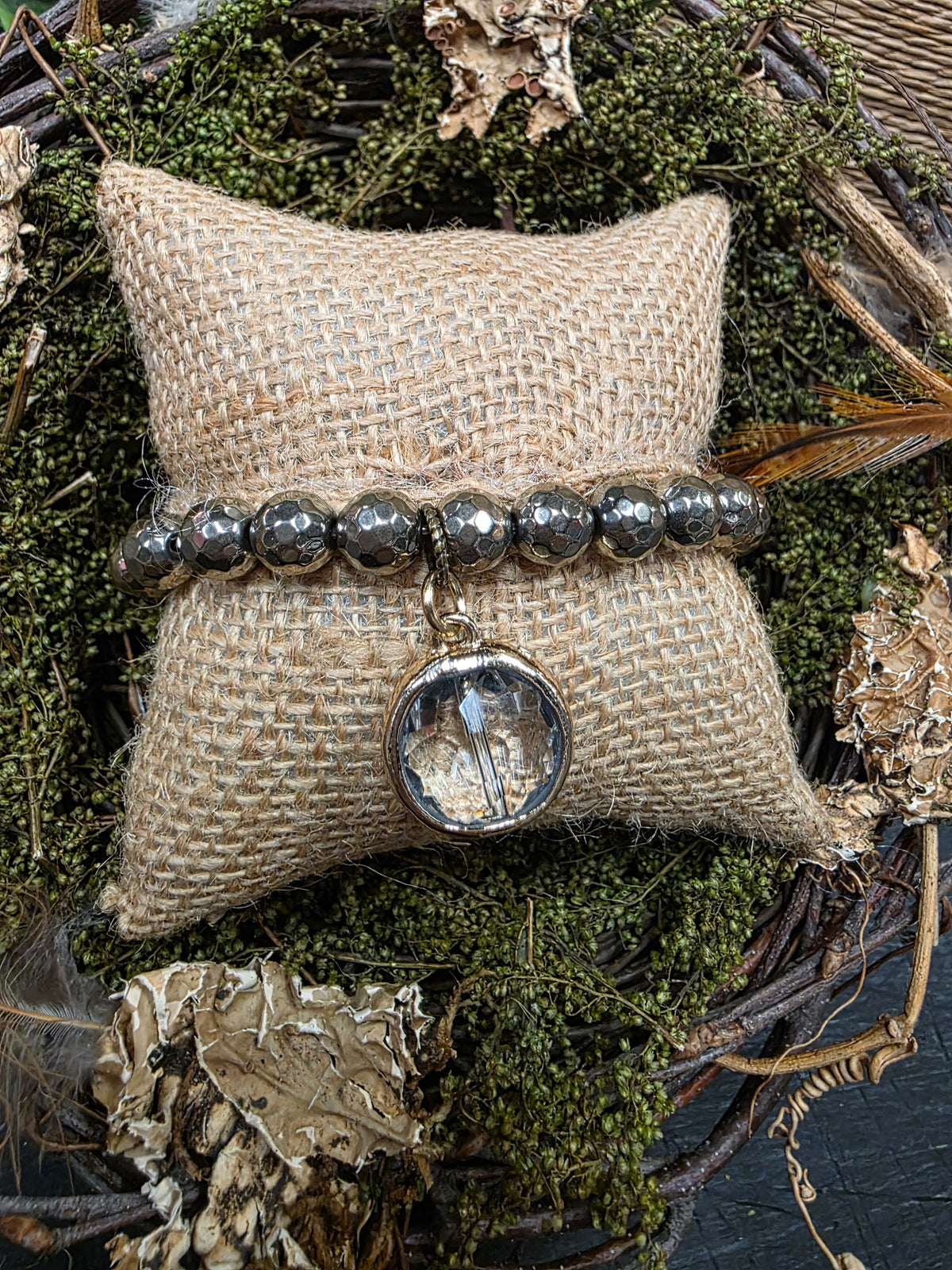 Pyrite Bracelet with Crystal 1/2in Pendant