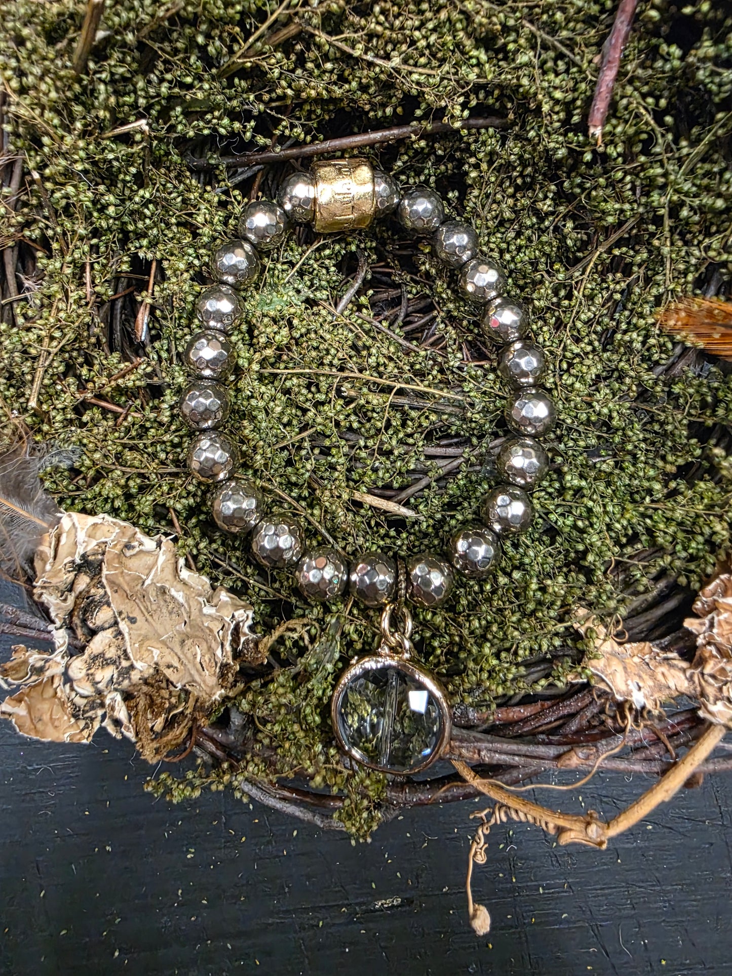 Pyrite Bracelet with Crystal 1/2in Pendant