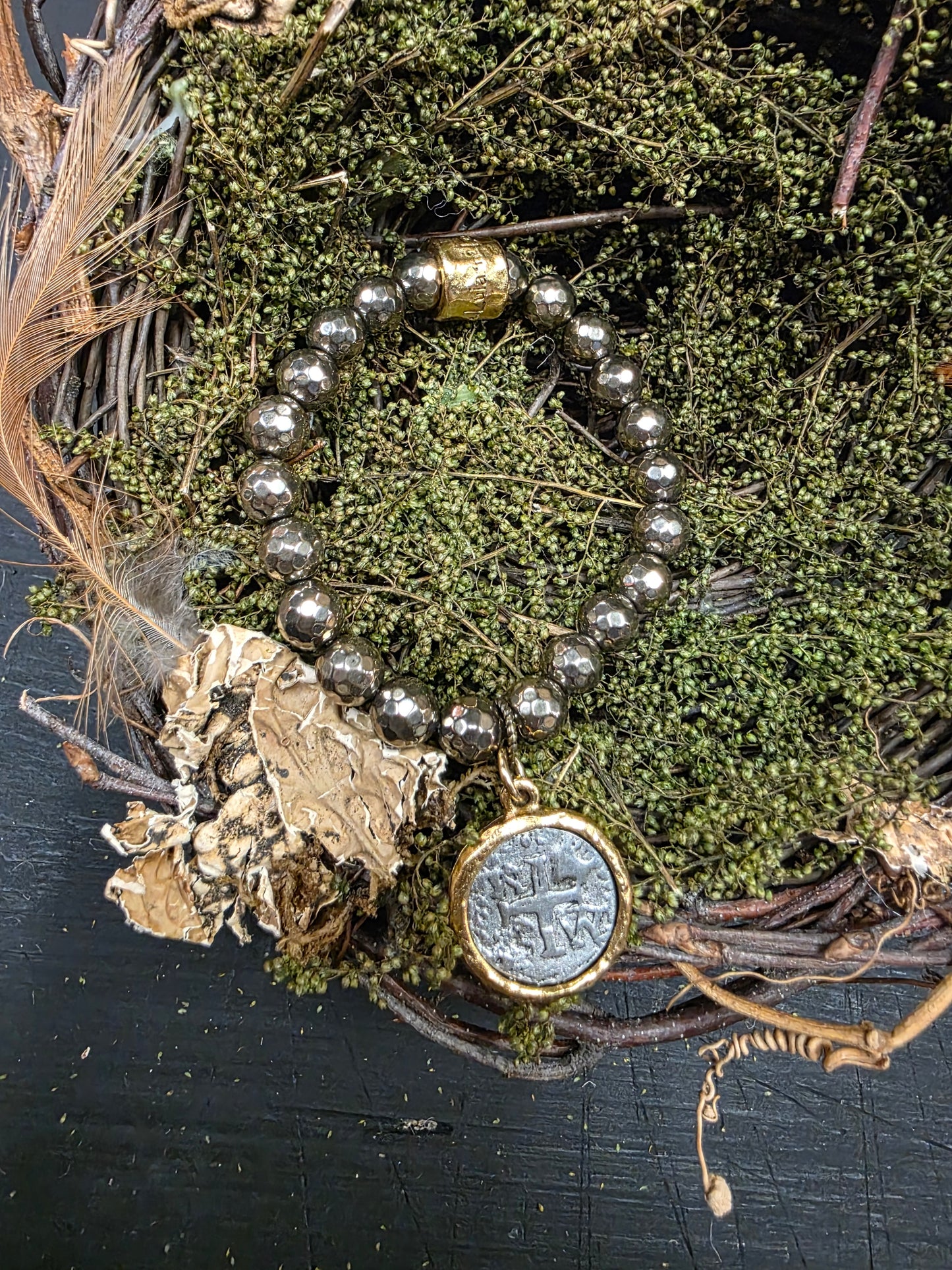 Pyrite Bracelet with Silver & Gold Round Cross 1/2in Pendant