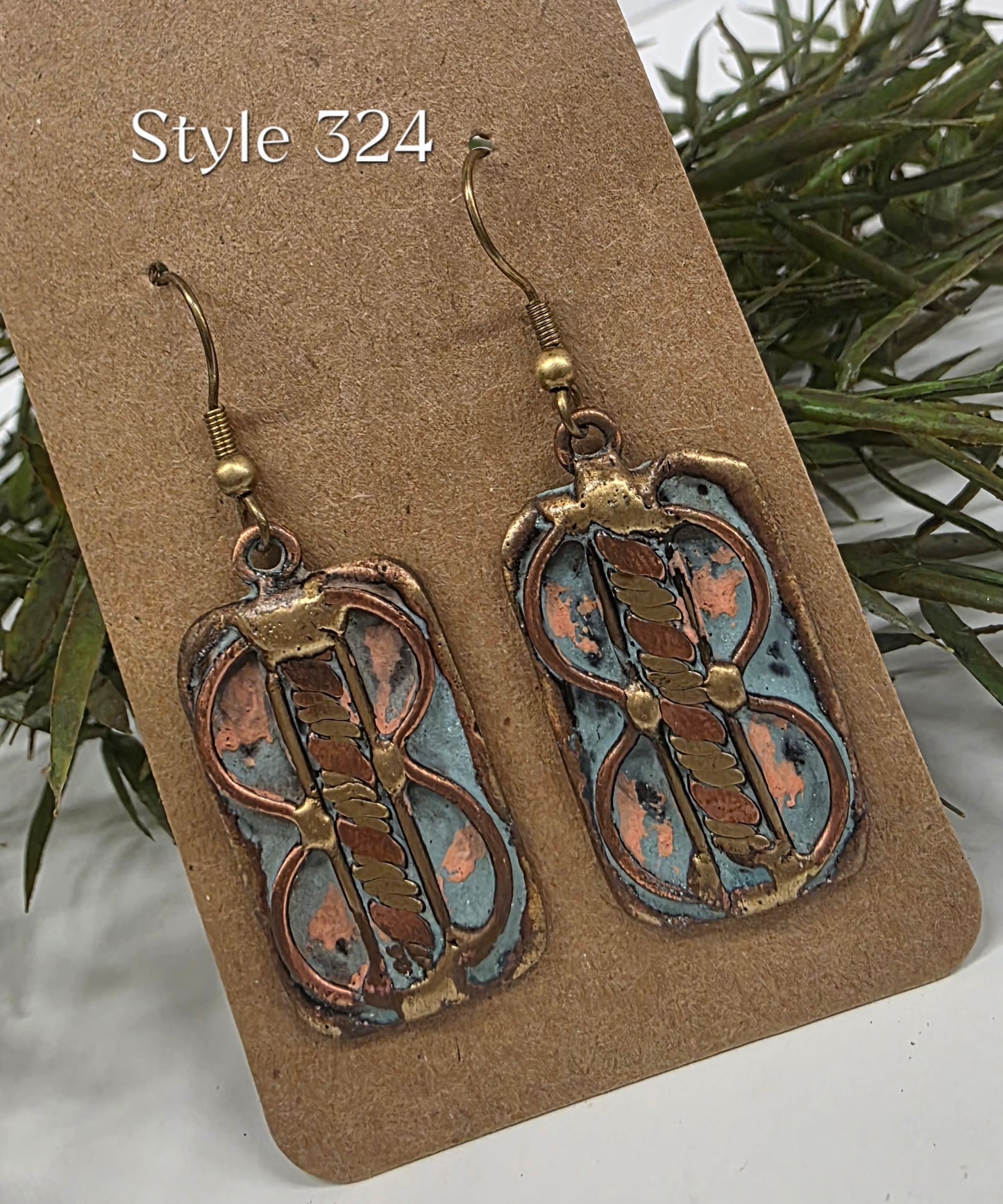 Brass Patina Blue Pink Earrings EP324
