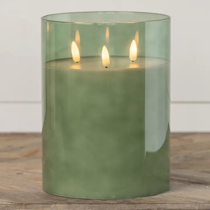 8" Green Glass 3 Wick 3D Flame Candle