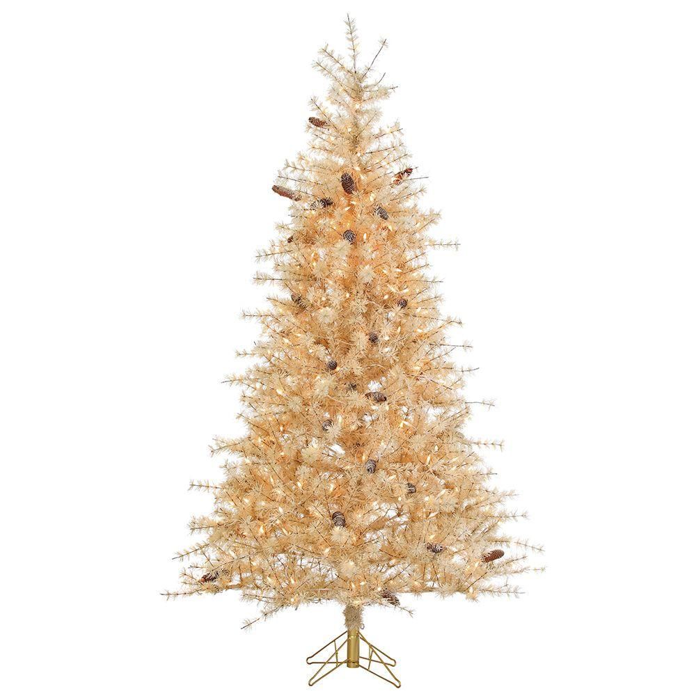 Antiqued Ivory Hard Needled Christmas Tree with Pine Cones, Un-lit 7ft