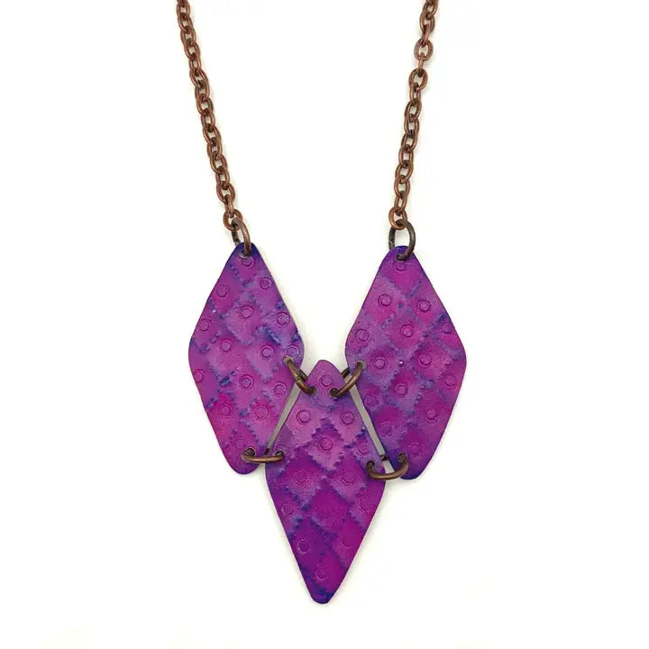 Copper Patina Fuchsia Diamond Plate Necklace NP208