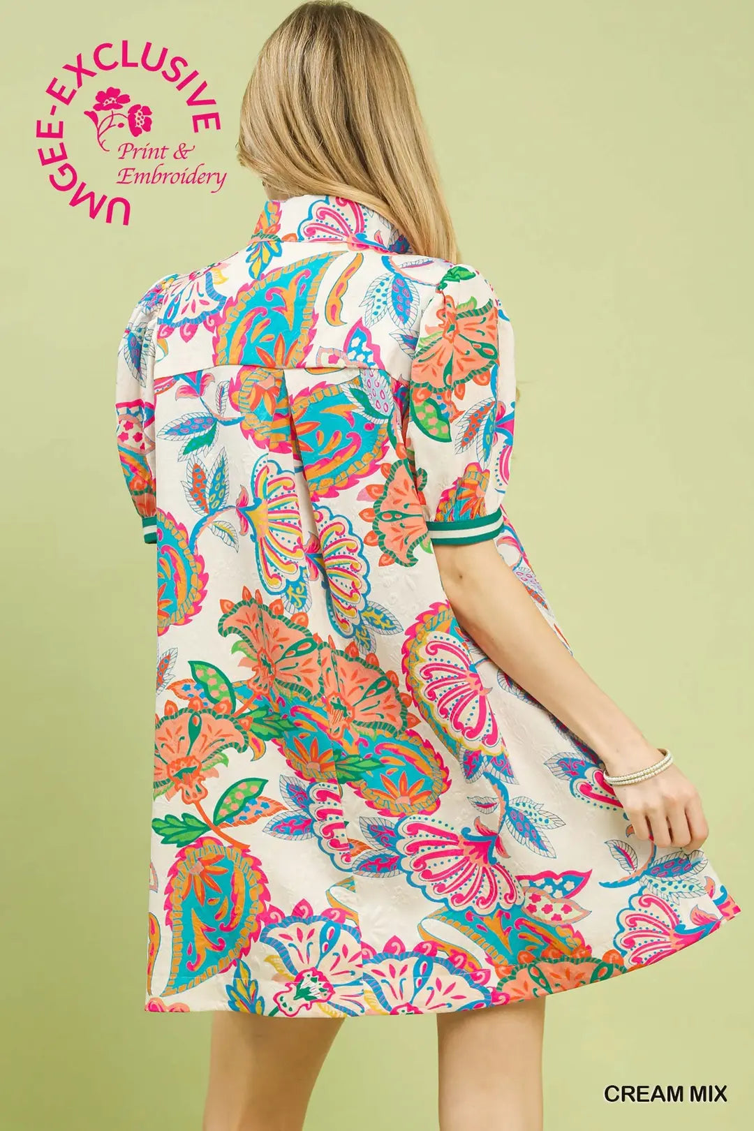 Jacquard Paisley Print Puff Sleeve Tunic Dress, Cream - umGee USA