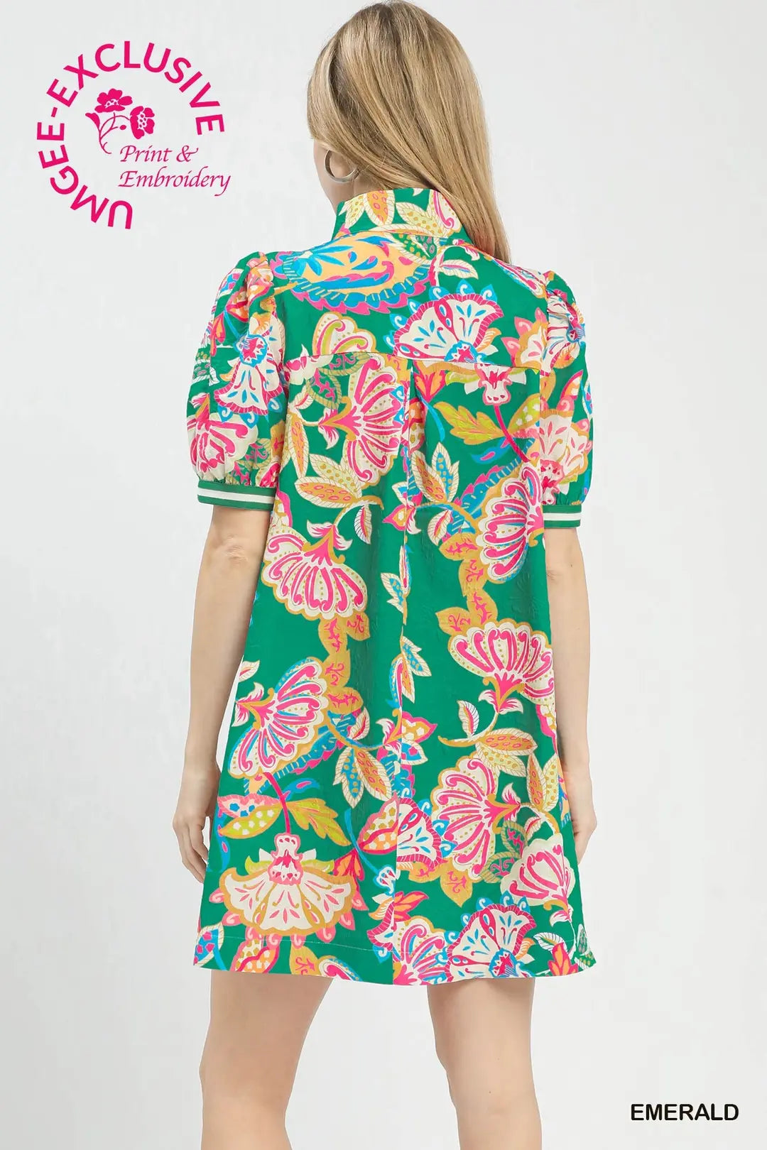 Jacquard Paisley Print Puff Sleeve Tunic Dress, Green - umGee USA