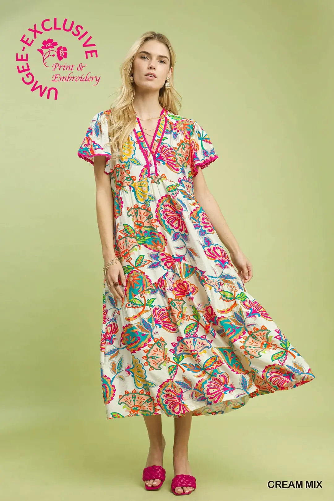 umgee boho dress Mix Floral Tiered Midi 20% Nylon