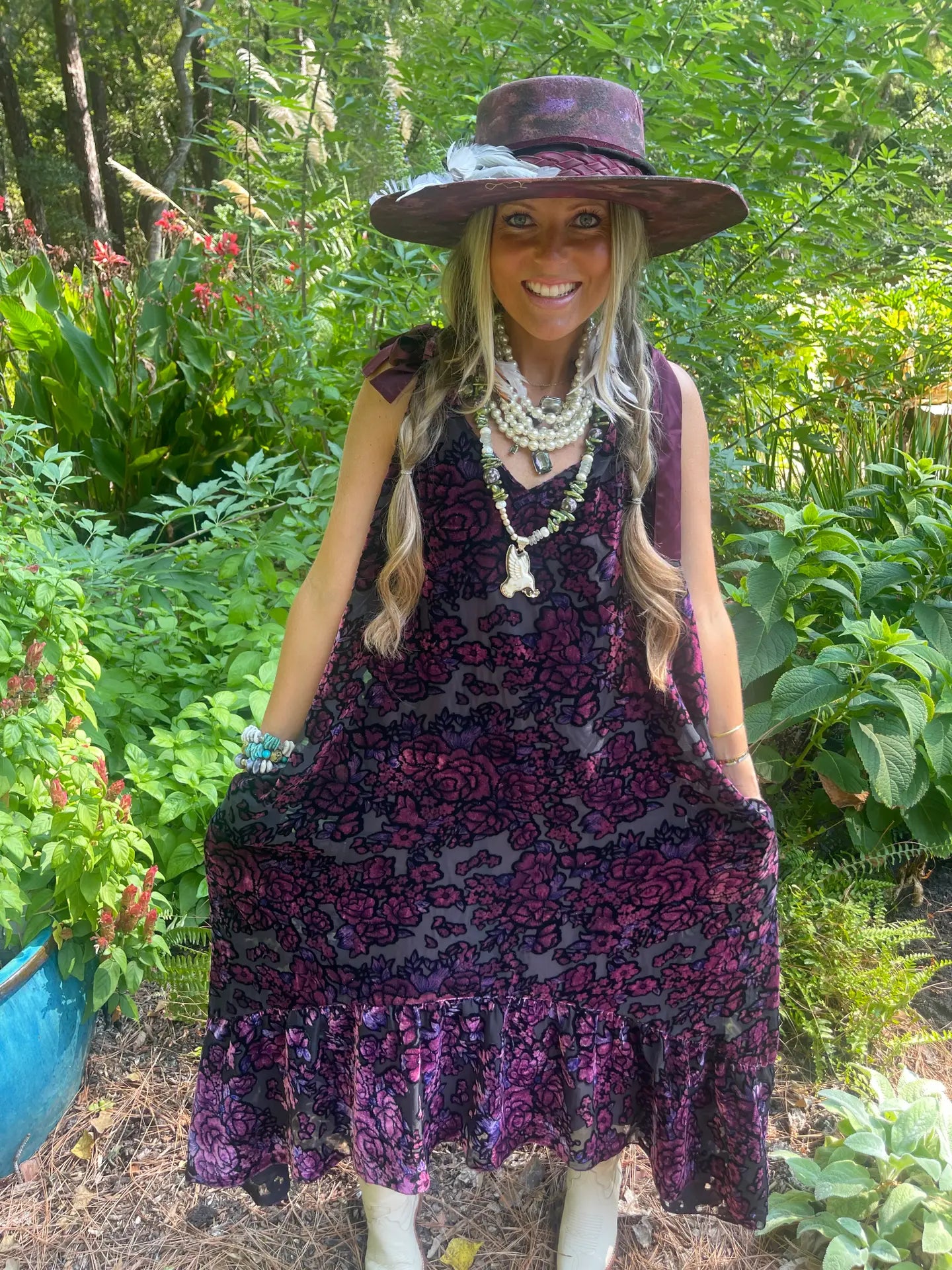 Plum Burnout Velvet Floral Dress - L/XL (appx 16-20)