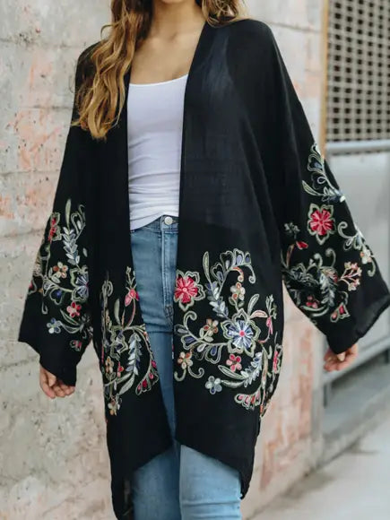 Floral Embroidered Kimono - Black