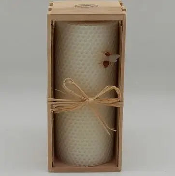 Natural Beeswax WHITE - 3''x7'' Pillar Candles with Wood Crate
