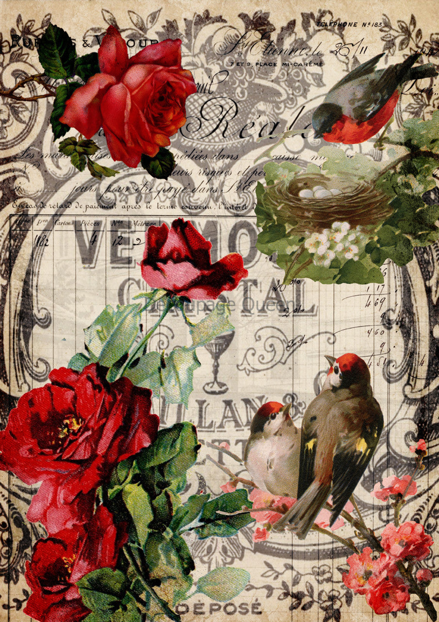 Red Roses and Birds - A4 8.3 x 11.7 Rice Paper by Decoupage Queen