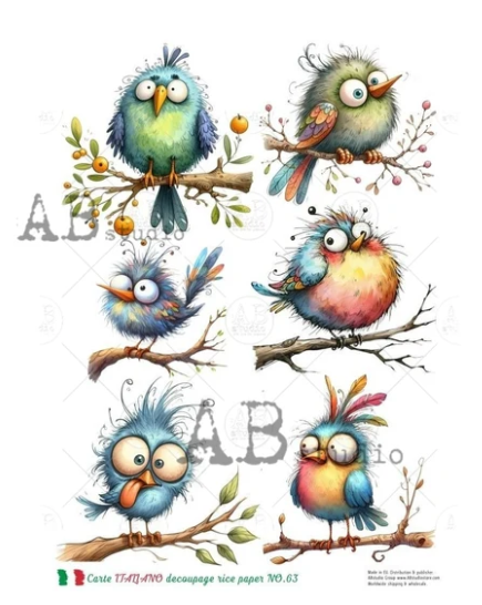 6 Watercolor Carton Birds C163 - A4 8.3 x 11.7 Rice Paper by AB Studio