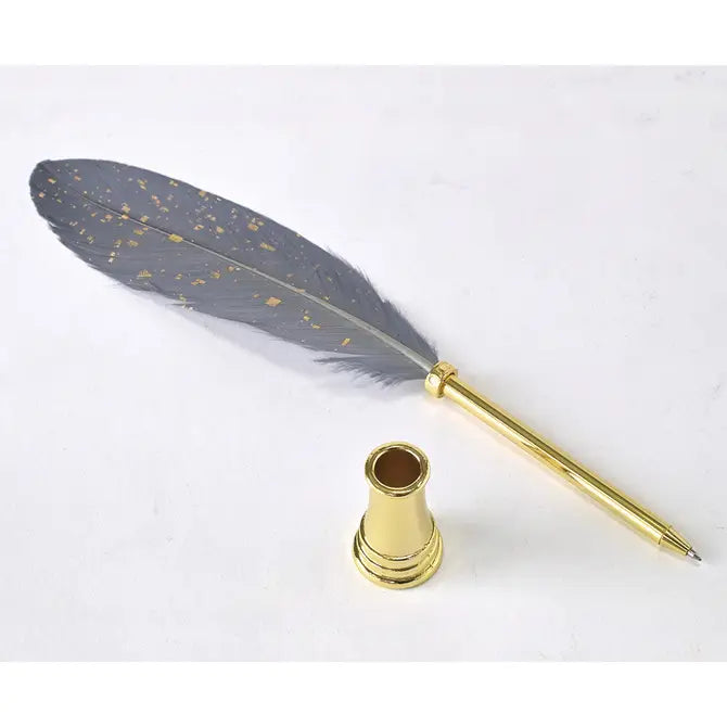 Sparkling Grey Feather Quill Pen Set