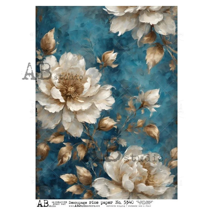 White Flowers on Blue AB5340 - A4 8.3 x 11.7 Rice Paper by AB Studio