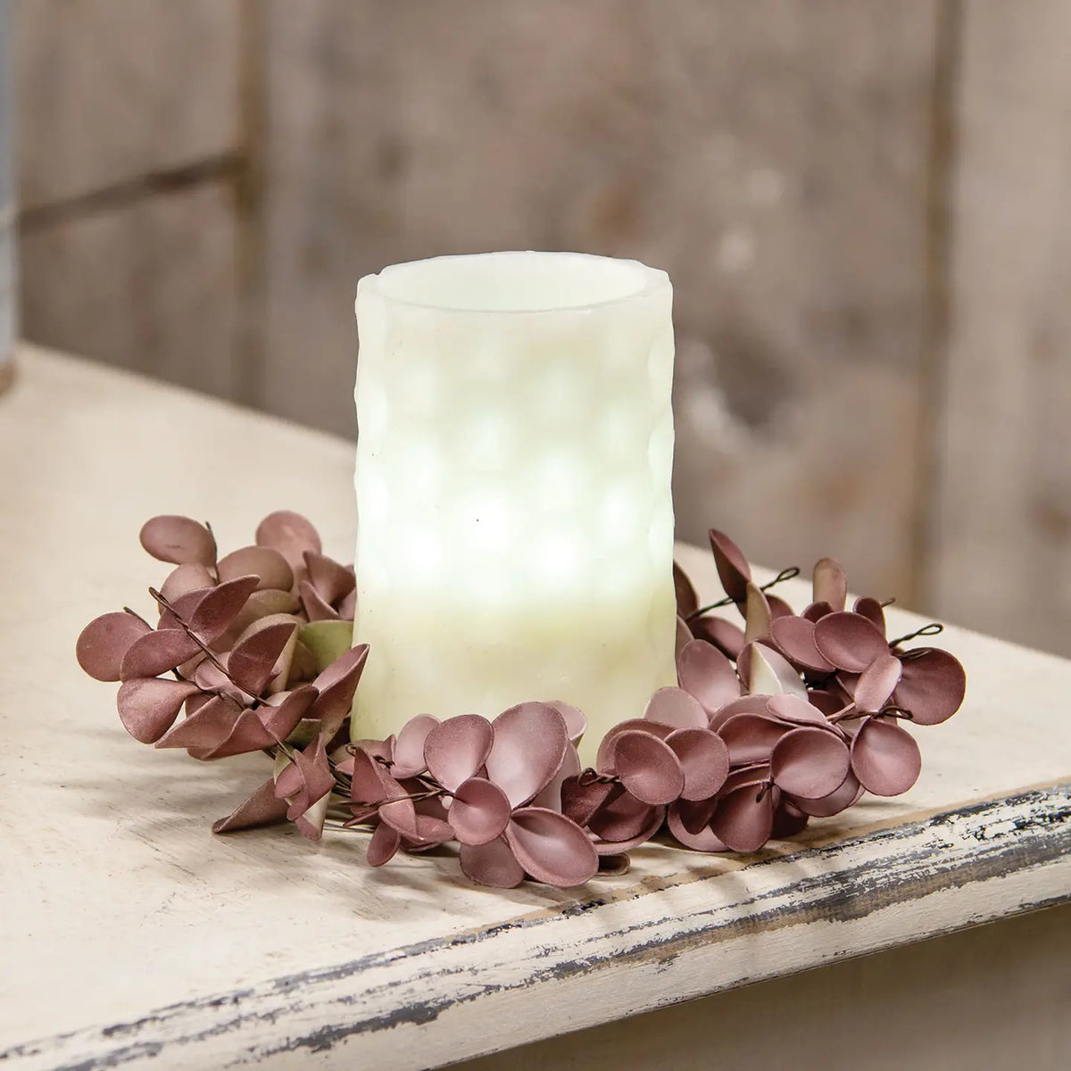 Burgundy Fall Ombre Eucalyptus Leaf Mini Candle Ring
