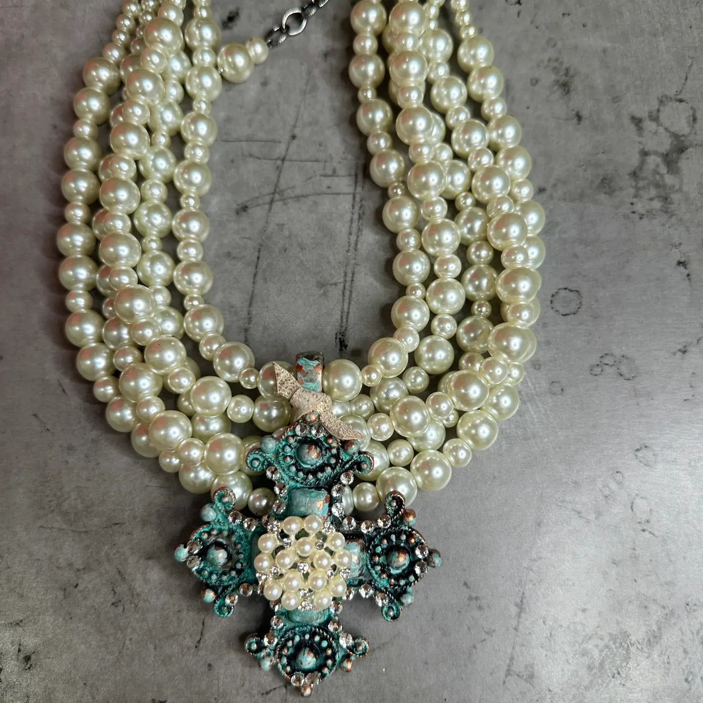 5 Strand Pearl & Patina Cross Necklace