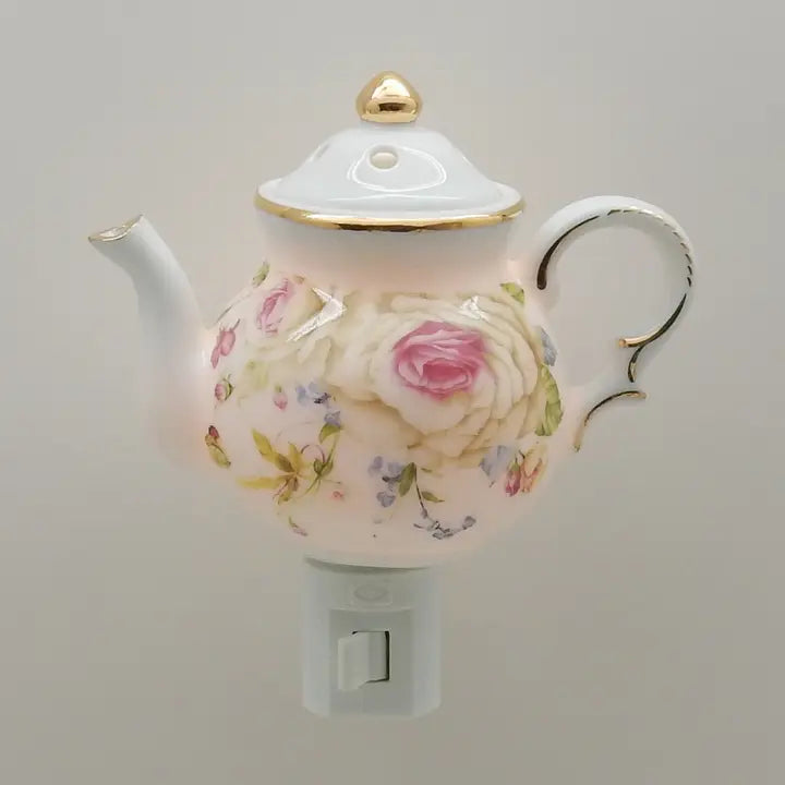 White Roses Teapot - Porcelain Nightlight 24K Gold Trim
