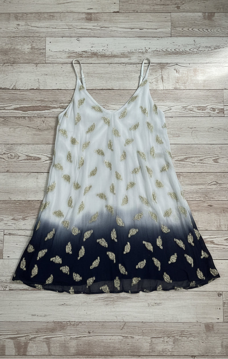 White & Black Ombre Tank / Dress with Gold Embroidered Feathers - A Rare Bird