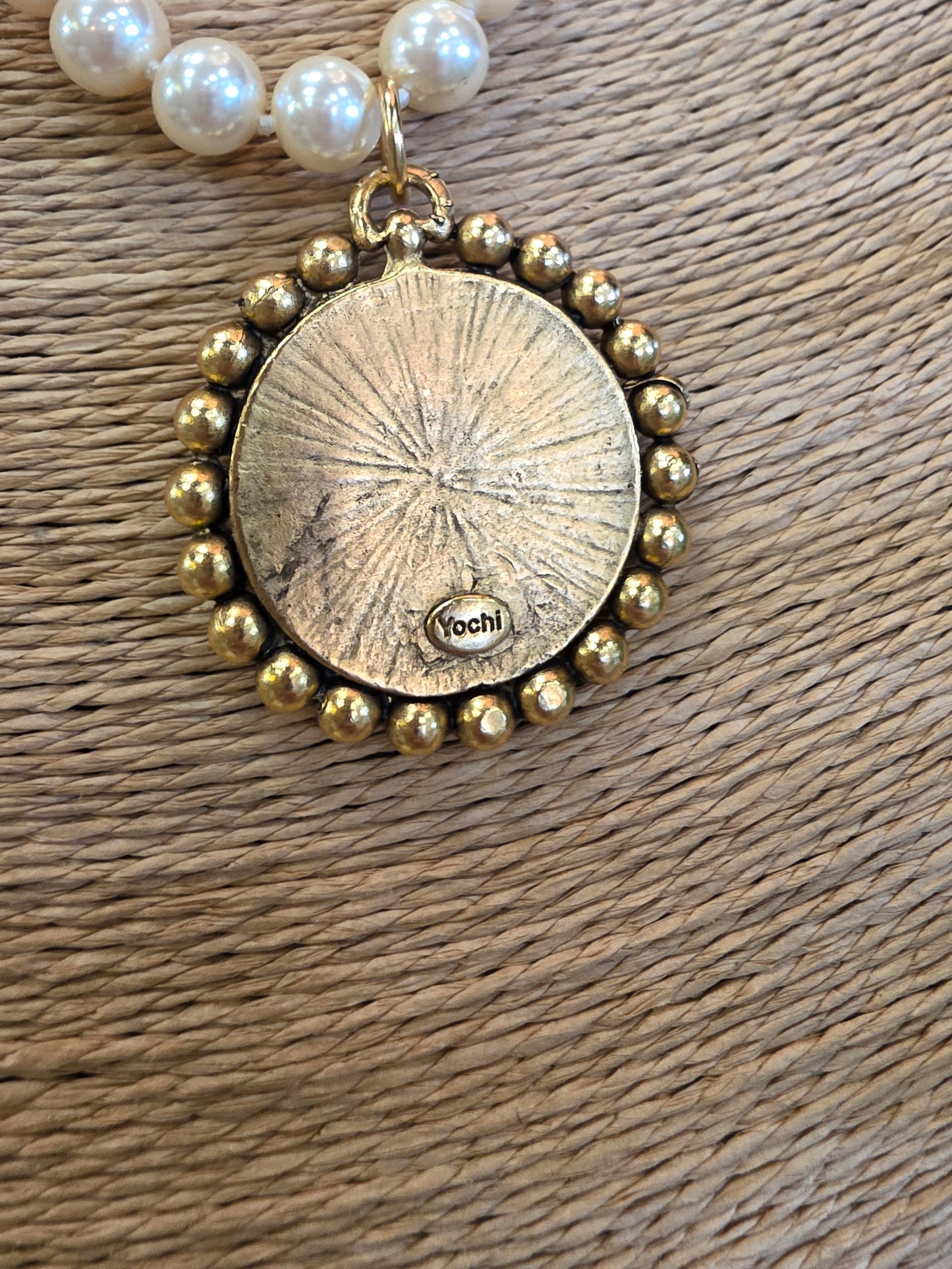 French Crystal Bee Coin, Assurance l' Abeille & Pearl Necklace Style N1630- Yochi NY