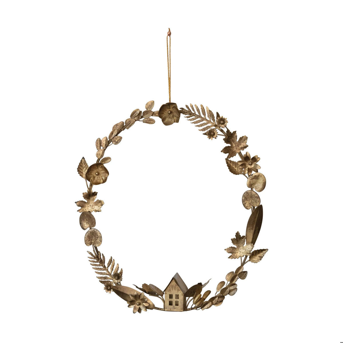 14" Oval Metal Leaves & Flowers Wreath