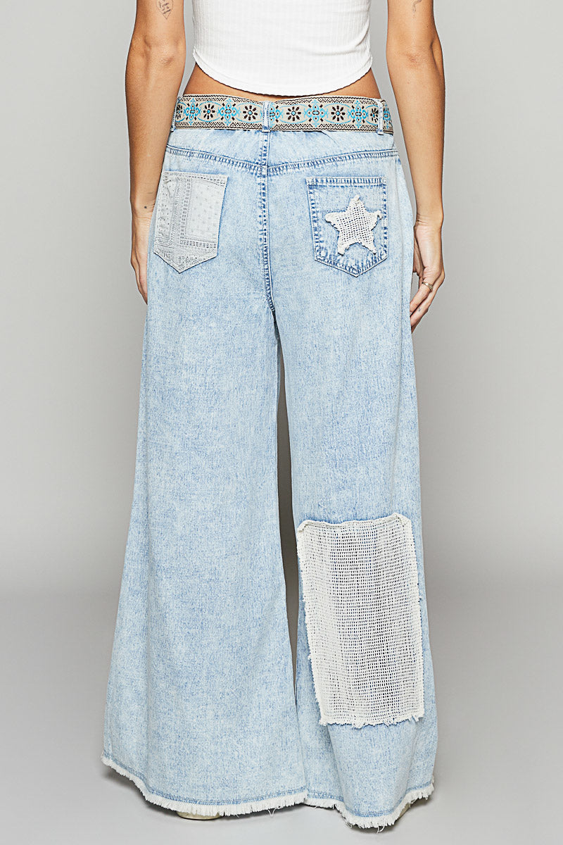 Vintage Washed Crochet Star Patch Solid Pants - POL