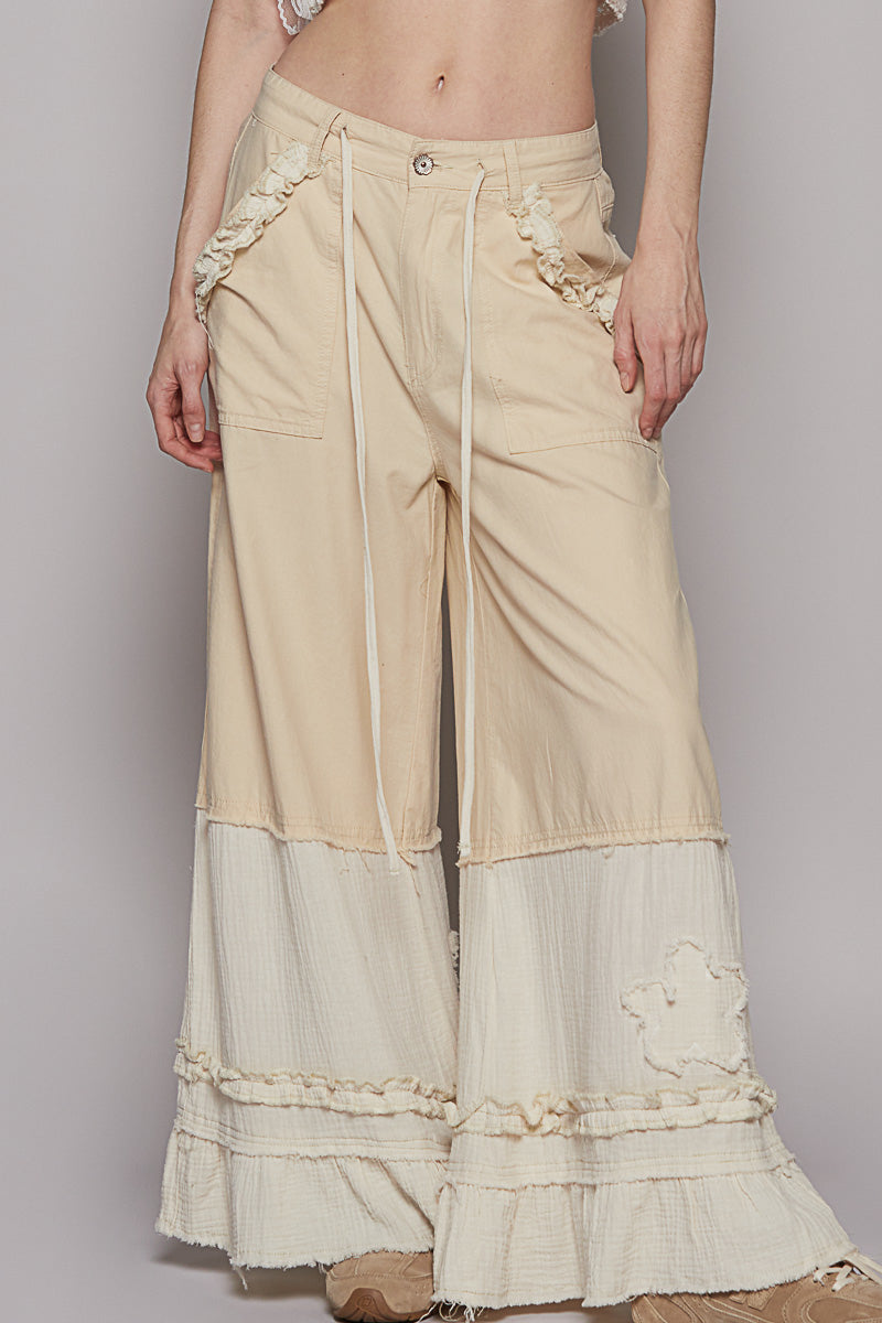 Wide Leg Shirring Ruffle Pants, Oatmeal UWP73 - POL