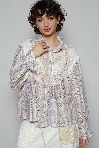 Floral Lace Eyelet Rhinestone Shacket - POL