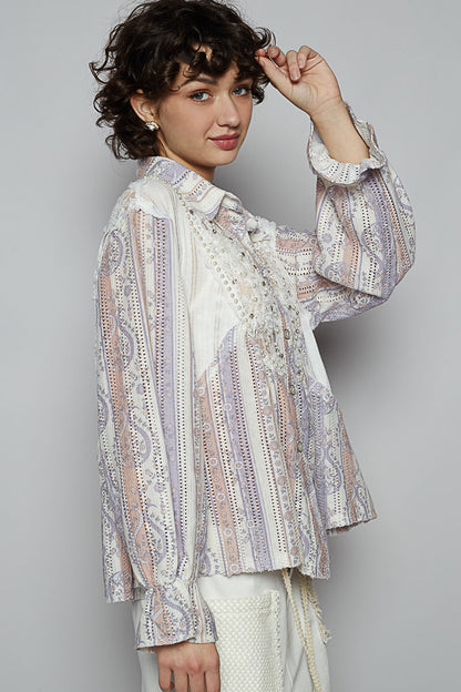 Floral Lace Eyelet Rhinestone Shacket - POL