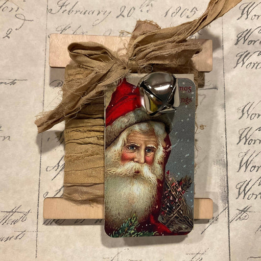 Khaki Red Santa Face 6-Tag & Ribbon Set
