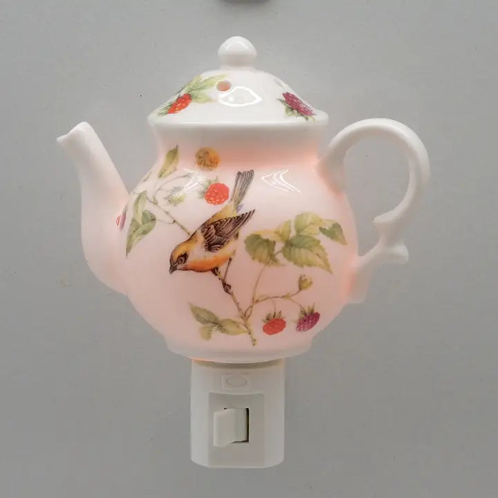 Bird & Berries Teapot - Porcelain Nightlight 24K Gold Trim