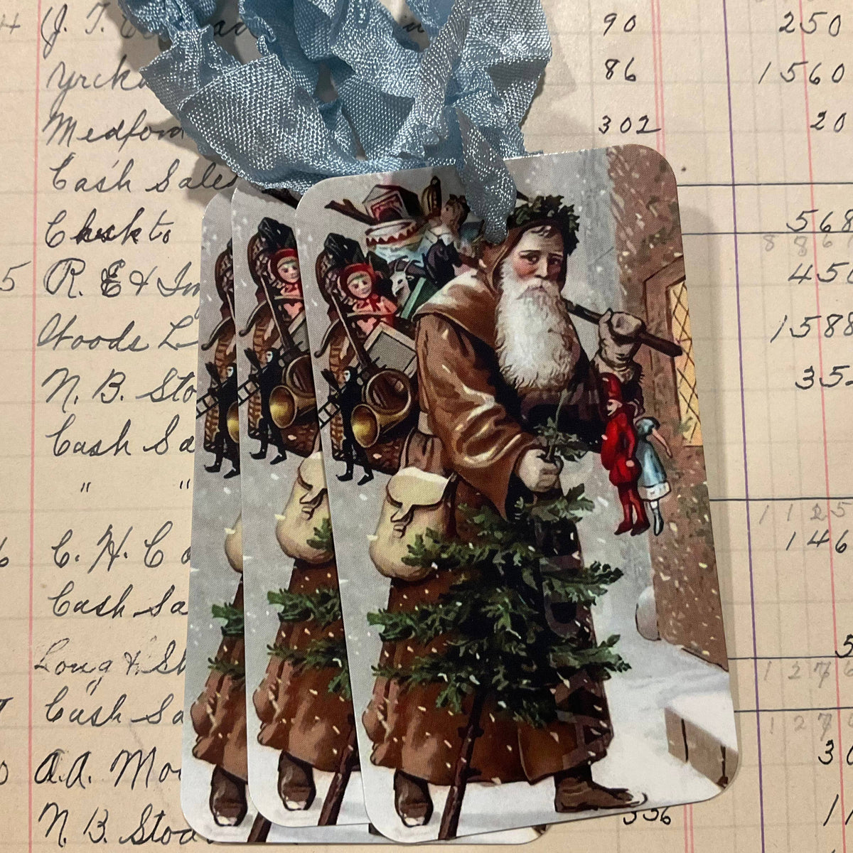 Bronze Santa 3pk Tag & Ribbon Set