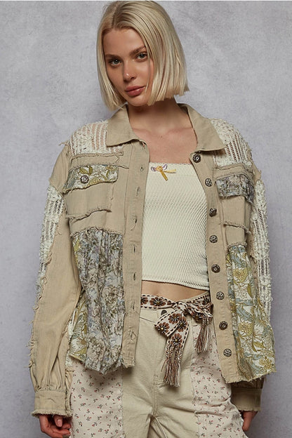 Floral Lace & Denim Shacket Powder Grey - POL
