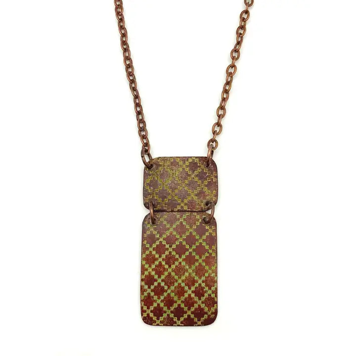 Copper Patina Chartreuse Tile Pattern Necklace NP212