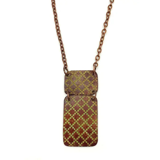 Copper Patina Chartreuse Tile Pattern Necklace NP212