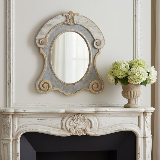 33 Inch Weathered White Blue & Gold Ornate Arched Mirror  - (𝐏𝐢𝐜𝐤-𝐔𝐩 𝐎𝐧𝐥𝐲)