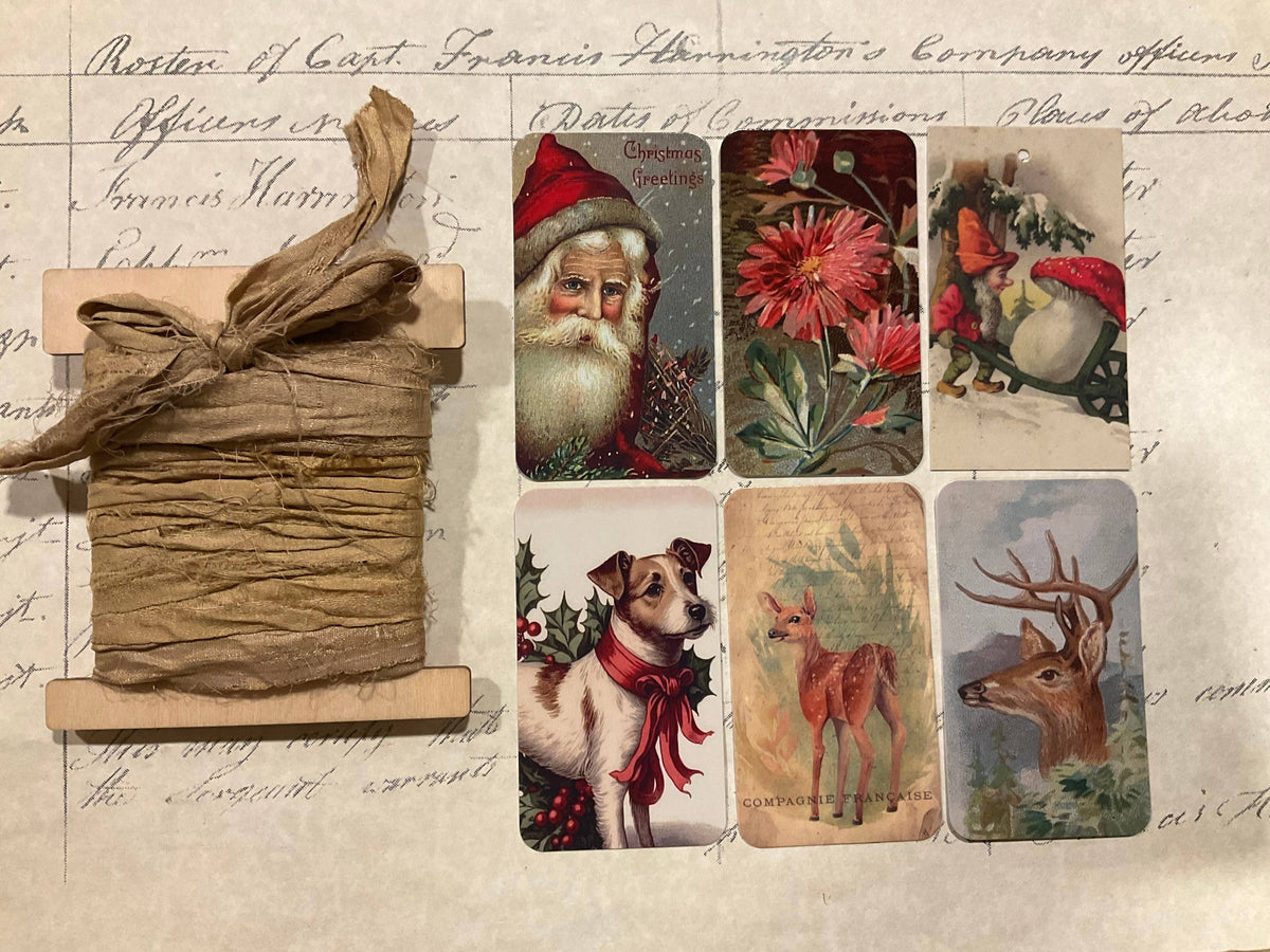 Khaki Red Santa Face 6-Tag & Ribbon Set