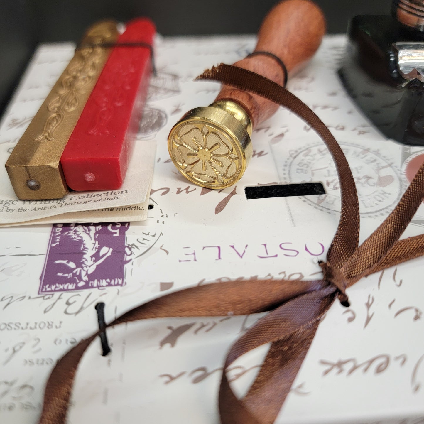 Ultimate Desk Writing Set - Burgundy Pen with Tudor Rose Stamp