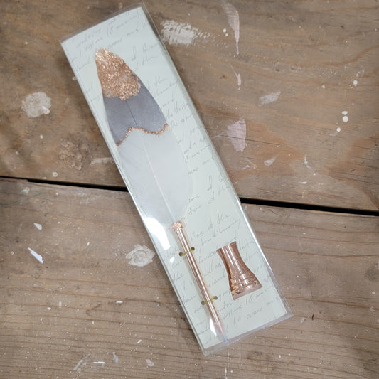 Grey & Gold Feather Quill Pen Set