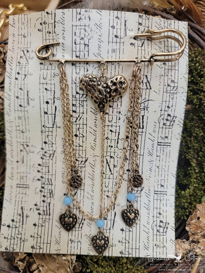 Heart Dangles Safety Pin Brooch
