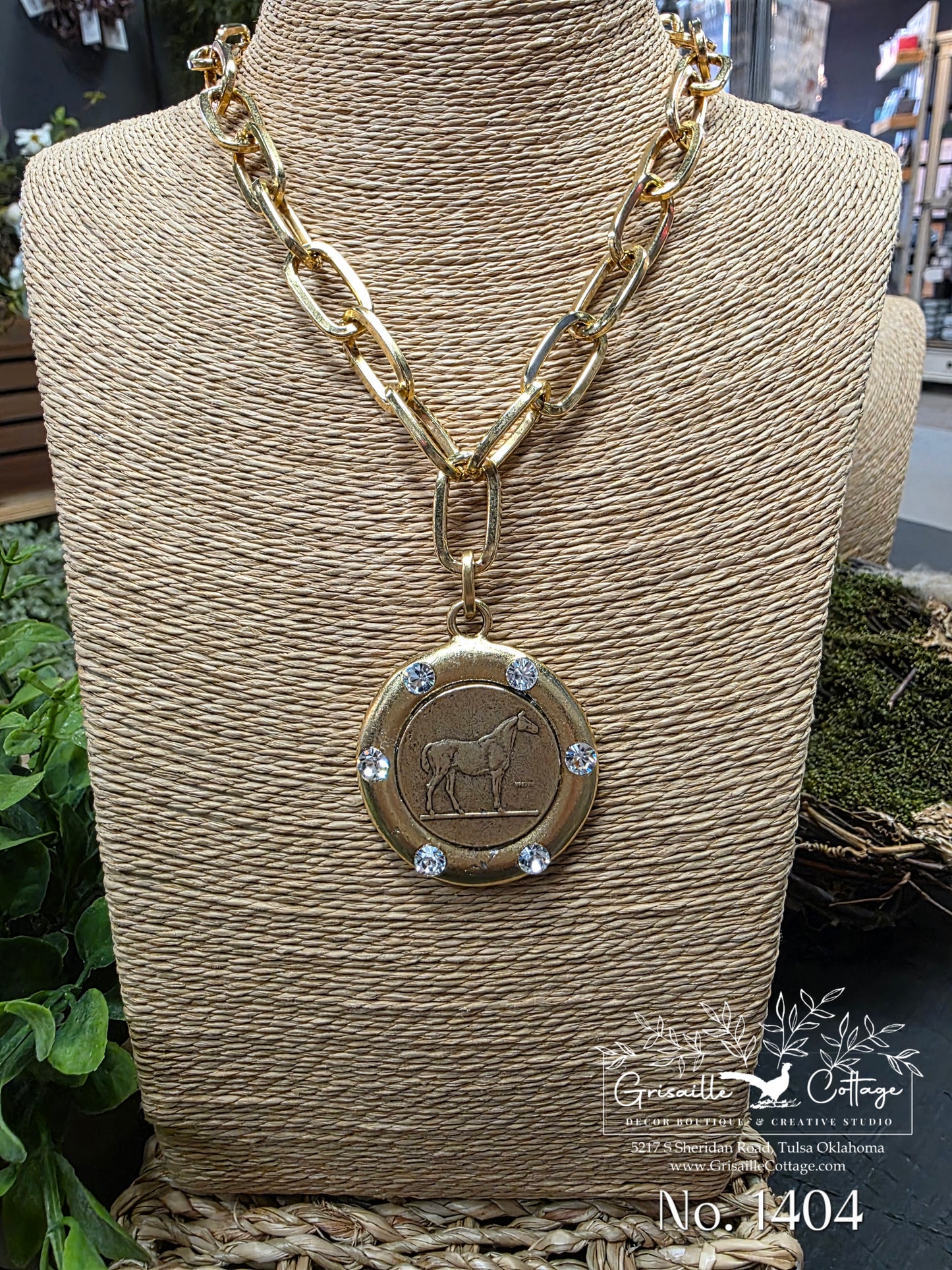Equestrian Horse Stamped Coin & & Inset Crystal Necklace Style 1404 - Yochi NY
