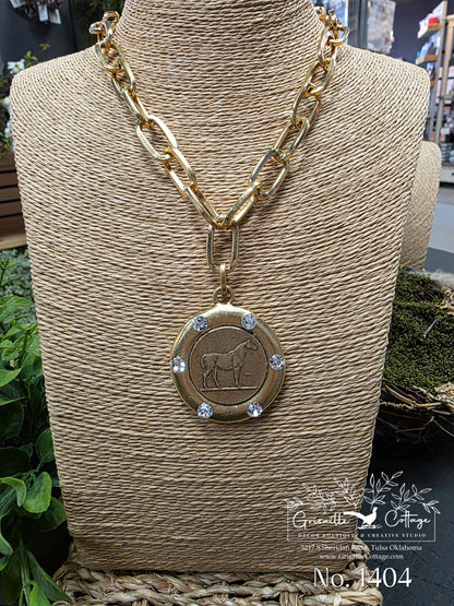 Equestrian Horse Stamped Coin & & Inset Crystal Necklace Style 1404 - Yochi NY
