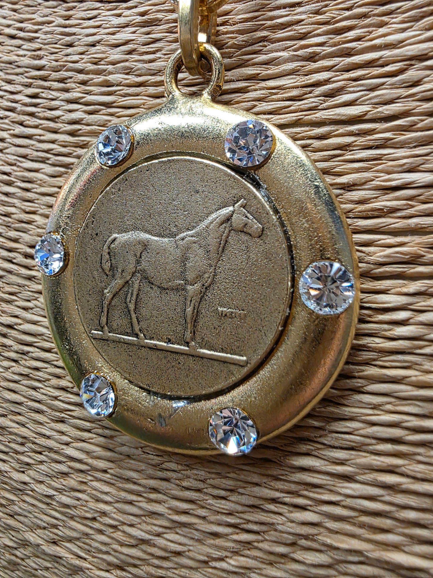 Equestrian Horse Stamped Coin & & Inset Crystal Necklace Style 1404 - Yochi NY