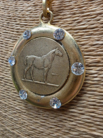 Equestrian Horse Stamped Coin & & Inset Crystal Necklace Style 1404 - Yochi NY