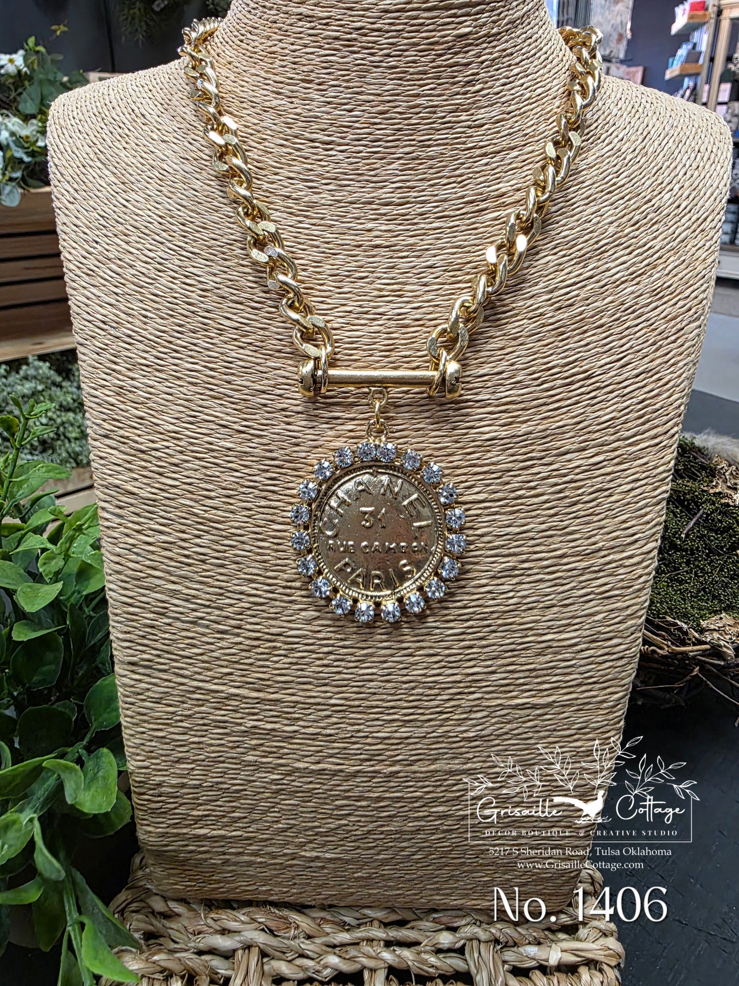 Chanel 31 Rue Paris Cambon Coin & Crystal Toggle Bar Necklace Style 1406 - Yochi NY