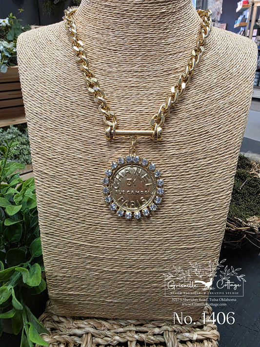 Chanel 31 Rue Paris Cambon Coin & Crystal Toggle Bar Necklace Style 1406 - Yochi NY