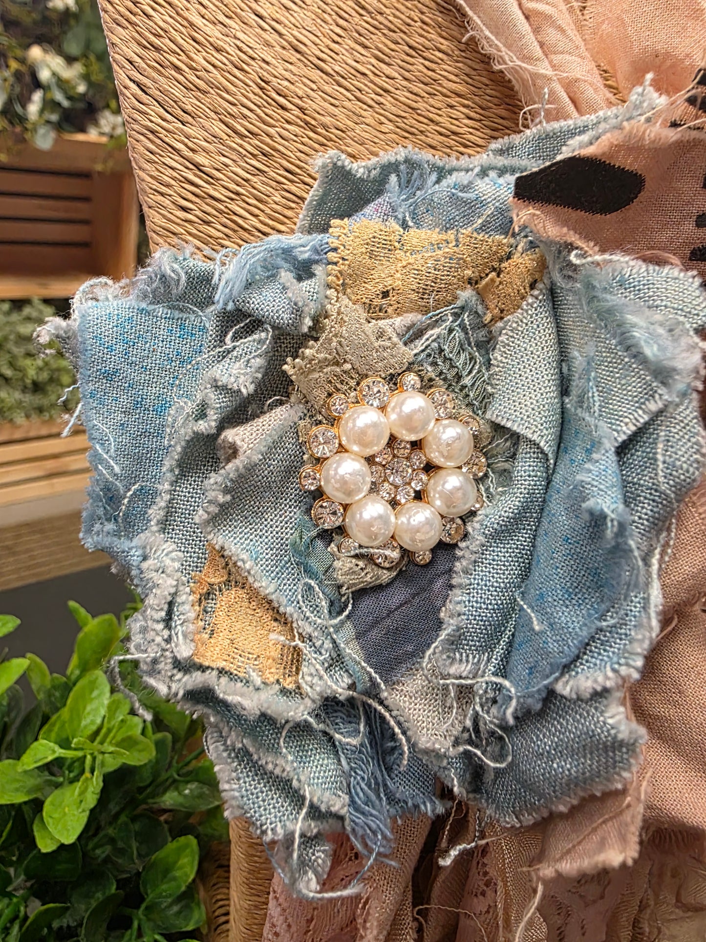 Vintage Ribbon Flowers, Jewel & Paintbrush Necklace