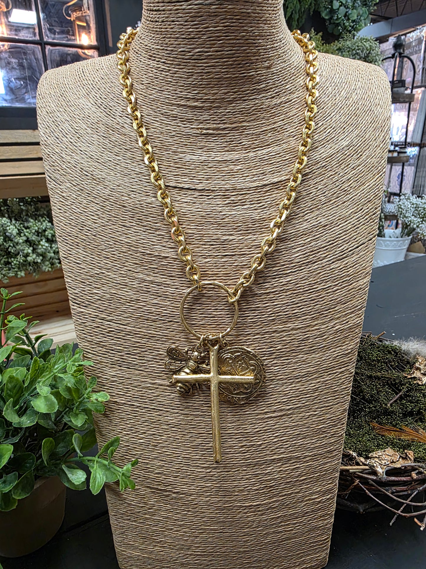 Gold 3-Charm 17in Necklace LN042
